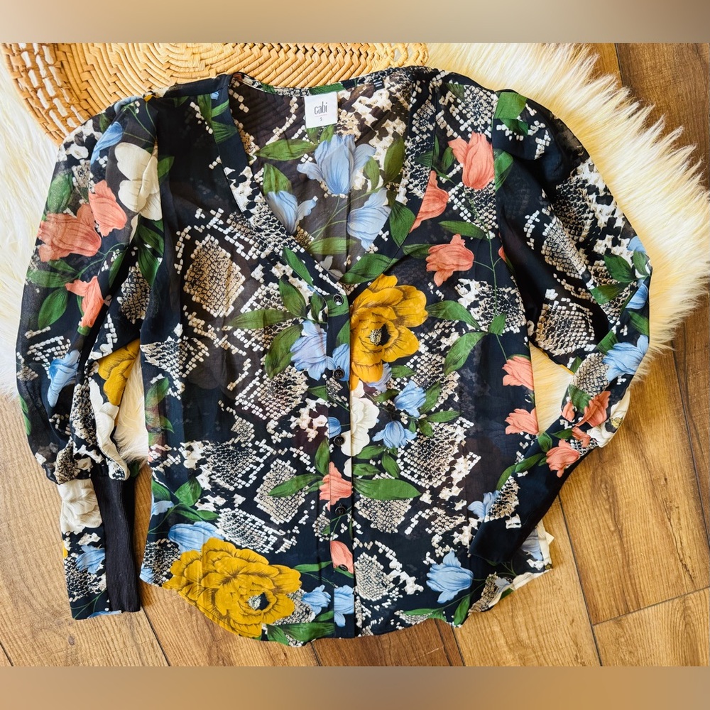 CABI Snake Charmer Blouse 3762 Floral Print Long Sleeve Sheer Size Small